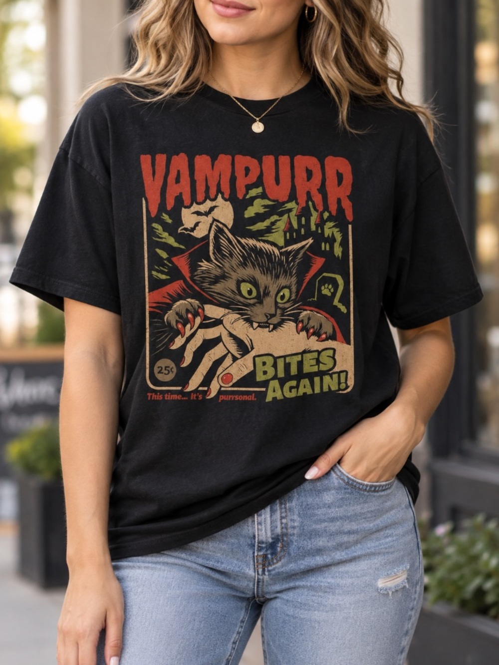 Vampurr Cat Halloween Shirt Bites Again Comic Graphic Tee Gildan Black